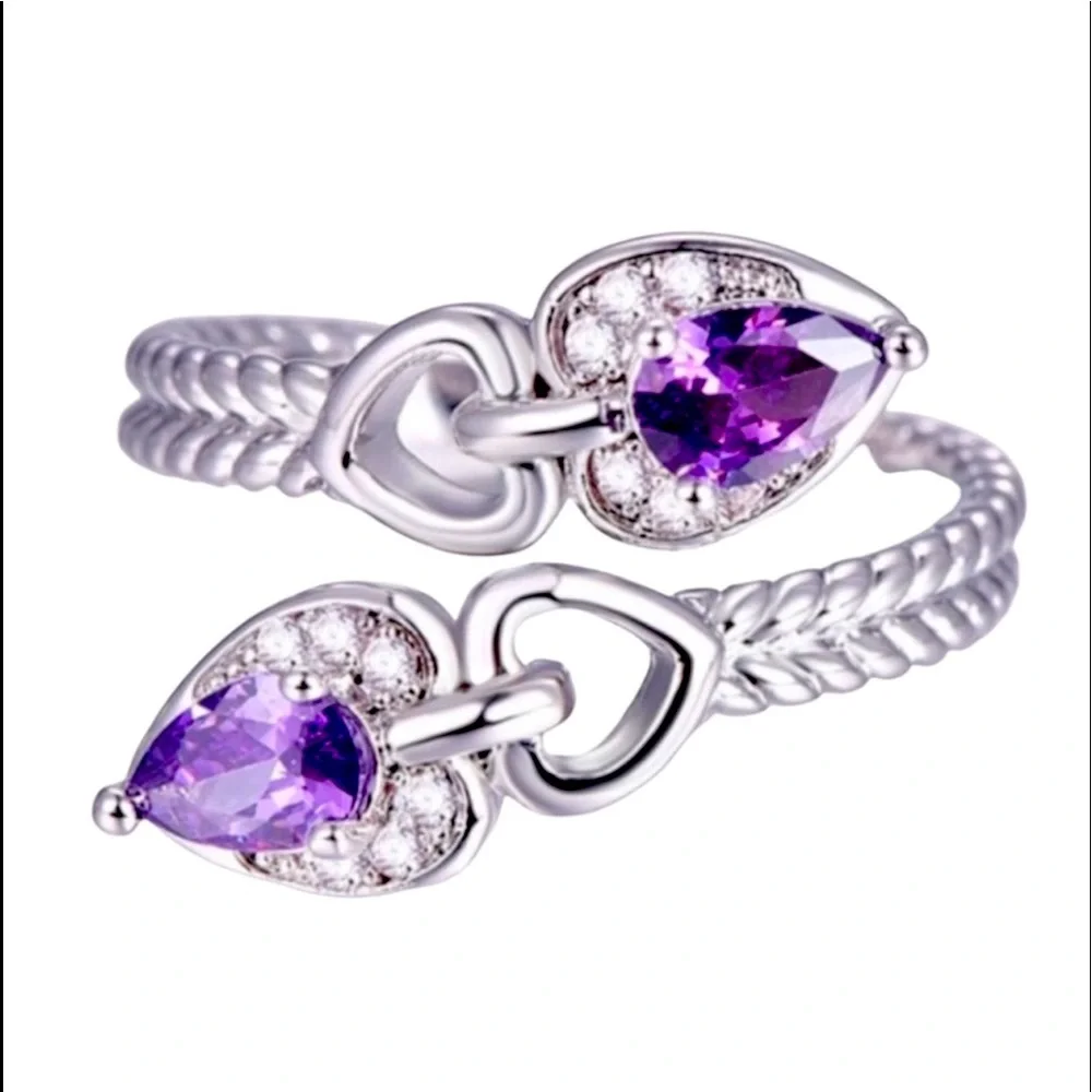 New S925 Sterling Silver Purple Amethyst & Morganite Heart Tear Drop Ring